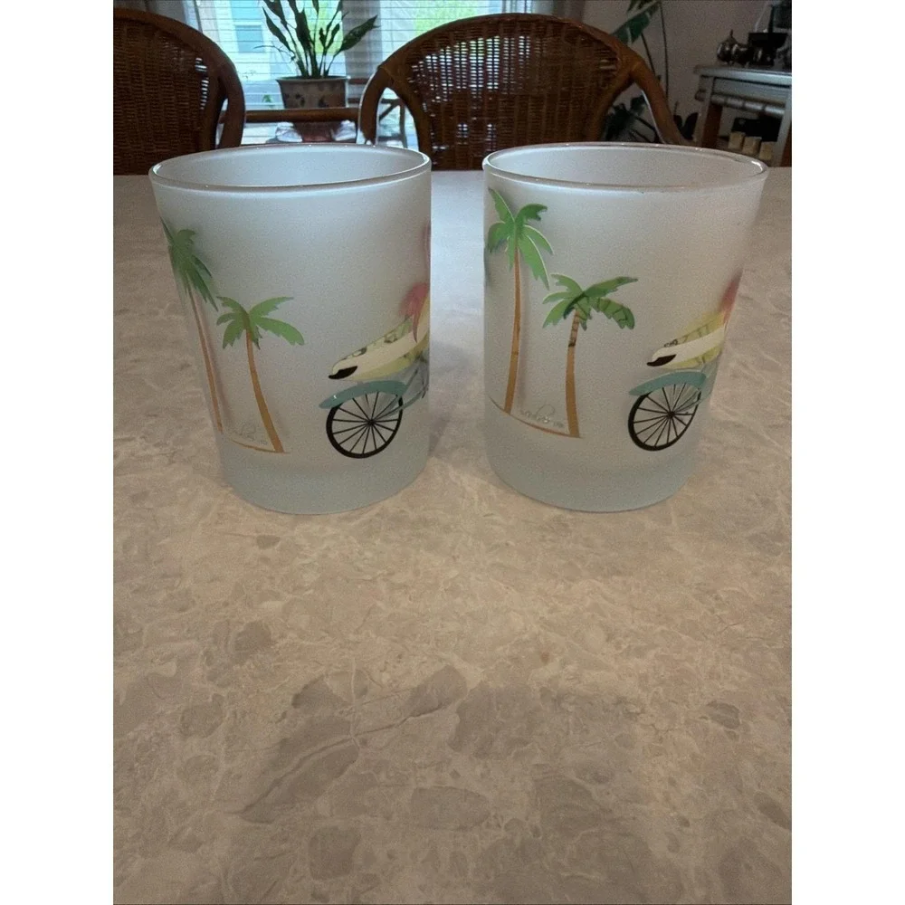 Culver Flamingo/ Palm Tree Frosted Glasses Vintage Set Of 2 Fun Pastel Colors.